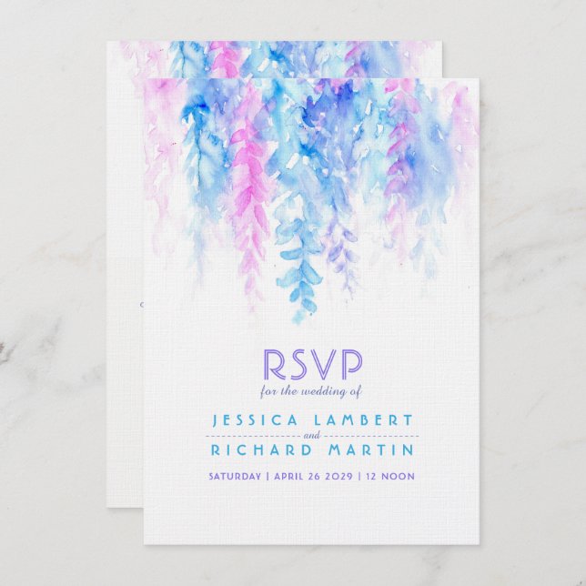 Convites RSVP de casamento em azul roxo em cascata aquarela (Frente/Verso)