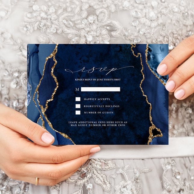 Convites RSVP de casamento em mármore naval e ágata dourada (Criador carregado)