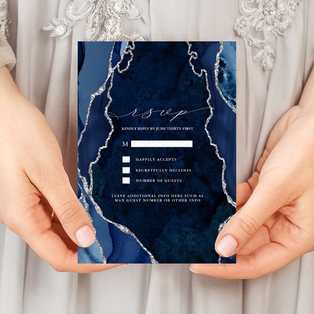 Convites RSVP de casamento em mármore naval e ágata pratead (Criador carregado)