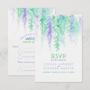 Convites RSVP de casamento em verde roxo em cascata aquarel