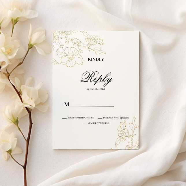Convites RSVP de Casamento floral de ouro branco elegante s (Simple elegant white gold floral Wedding RSVP)