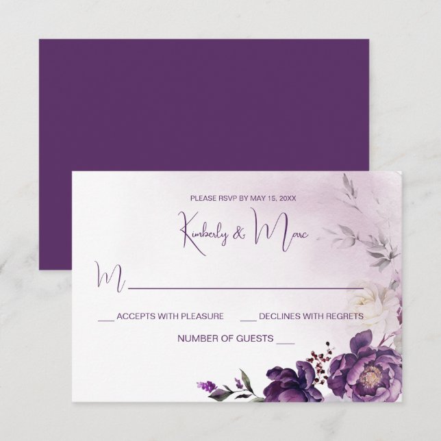 Convites RSVP de Casamento Floral de Pessoas Púrpuras (Frente/Verso)