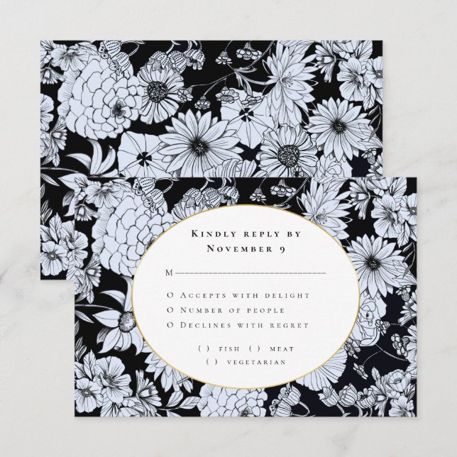 Convites RSVP de Casamento Floral Negro Elegante (Frente/Verso)