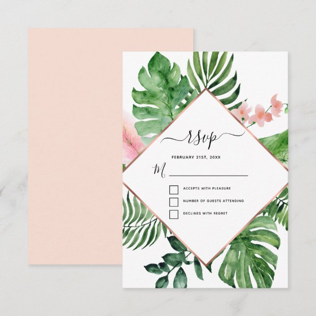 Convites RSVP de casamento geométrico com aquarela de palme (Frente/Verso)