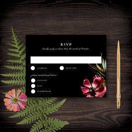 Convites RSVP de Casamento Negro Floral Elegante Escuro + M