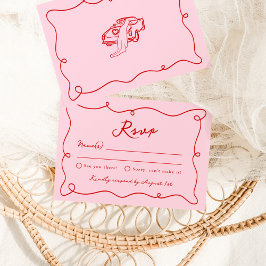 Convites RSVP de Casamento Rosa e Vermelho Desenhado à Mão