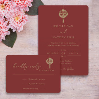 Convites RSVP de Casamento Vermelho de Lanterna Chinesa Mod