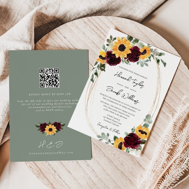 Convites RSVP de Código QR de Casamento Rustic Sunflower e  (Criador carregado)