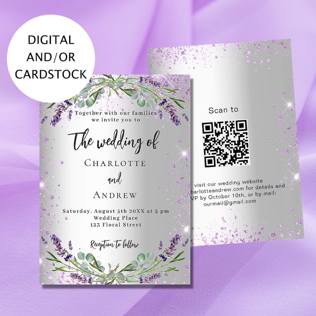Convites RSVP de código QR de eucalipto prateado da lavanda (Criador carregado)