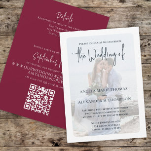 Convites RSVP de Código QR de Foto Mínimo da Borgonha Elega