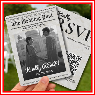Convites RSVP de Código QR Elegante de Casamento de Jornal
