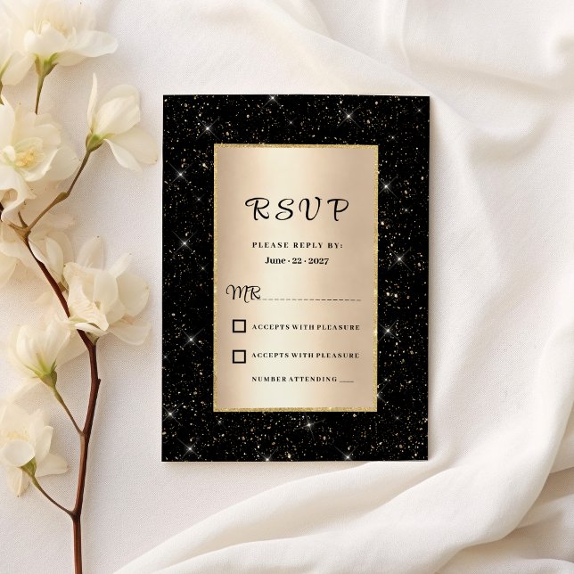 Convites RSVP de configuração de brilho preto Elegante (Elegant black gold glitter confetti RSVP )
