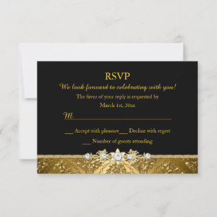 Convites RSVP de Damasco Preto e Dourado Elegante