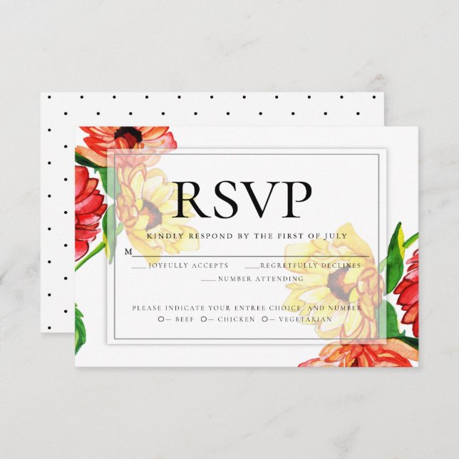 Convites RSVP de Escolha de Média | Floral Amarelo vermelho (Frente/Verso)