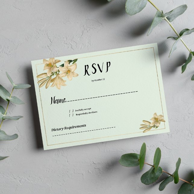 Convites RSVP de flor branca branca de marfim de menta Dour (Gold ivory mint green white lily flower RSVP)