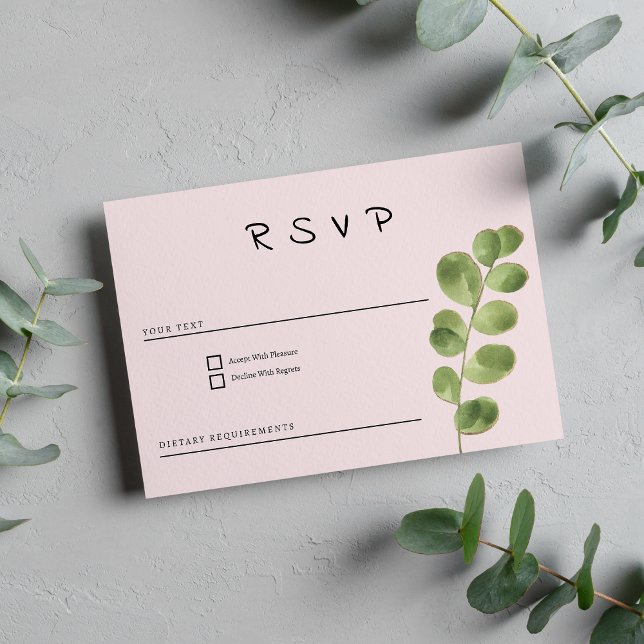 Convites RSVP de folha de eucalipto, cor-de-rosa, do Pastel (Pastel pink mint gold eucalyptus leaf RSVP)