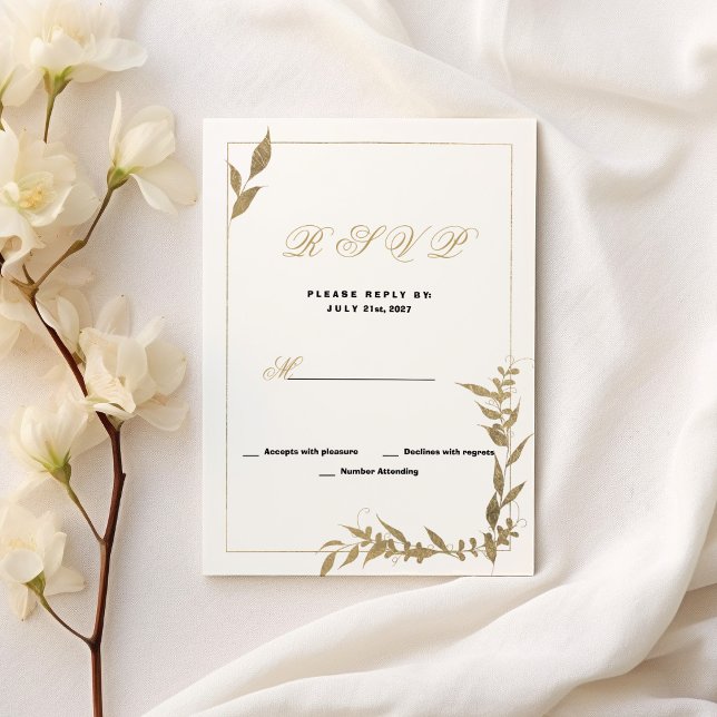 Convites RSVP de folhagem branca e dourada Elegante (Elegant white and gold foliage RSVP )