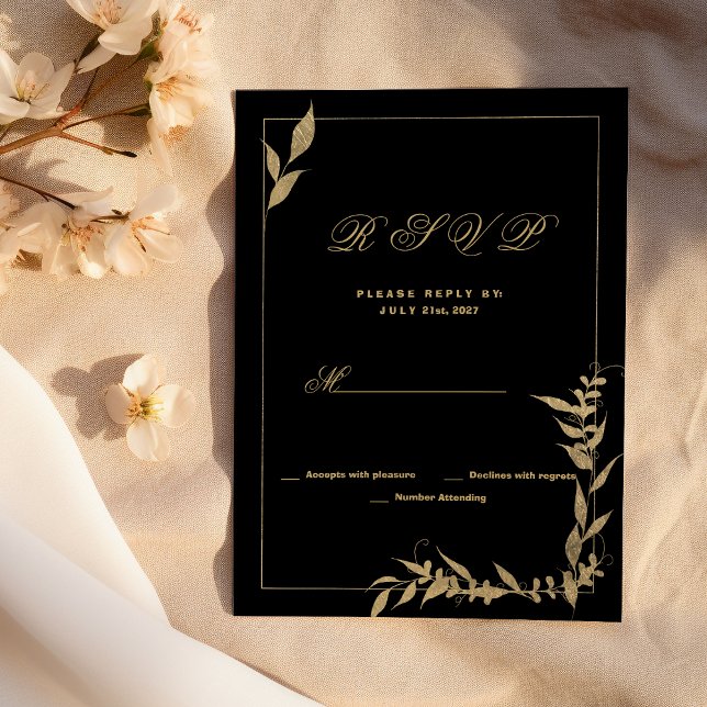 Convites RSVP de folhagem de ouro e preto de luxo (Luxury black and gold foliage RSVP )