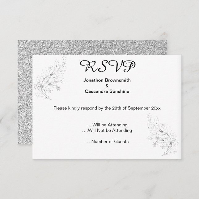 CONVITES RSVP DE GLITTER DE PRATA DE PRATA SILVER SILVER (Frente/Verso)