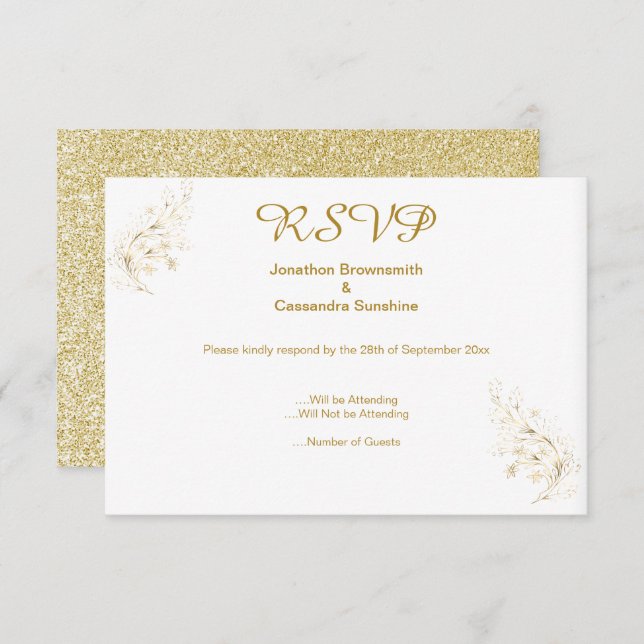 CONVITES RSVP DE GLITTER DOURADO DE LEAF DOURADA SIMPLES E  (Frente/Verso)