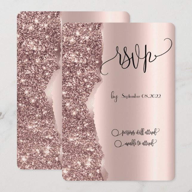 Convites RSVP de Glitter Dourado do Rosa de luxo Elegante (Frente/Verso)