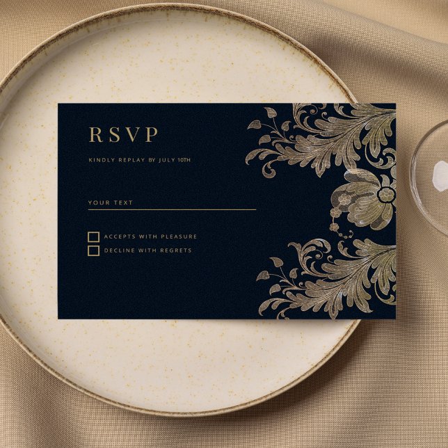 Convites RSVP de luxo floral de rendas azuis marinho (Navy blue gold lace floral luxury RSVP )