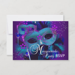 Convites RSVP de Mascarada de Máscaras Teal & Purple