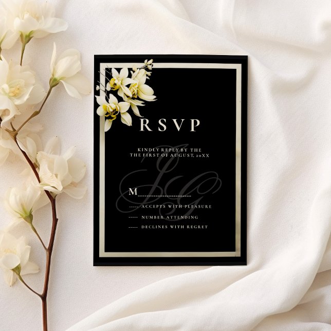 Convites RSVP de Orquídea de Monograma Preto (Black ivory monogram initials orchid RSVP )