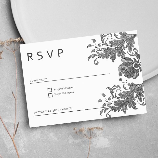 Convites RSVP de renda floral simples preto branco brilhant (Simple black white glitter floral lace RSVP )