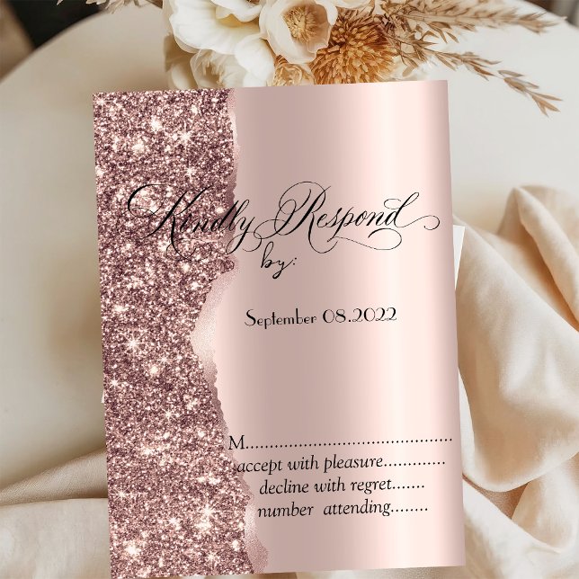 Convites RSVP de Script Glitter Dourado do Elegante Rosa (Criador carregado)