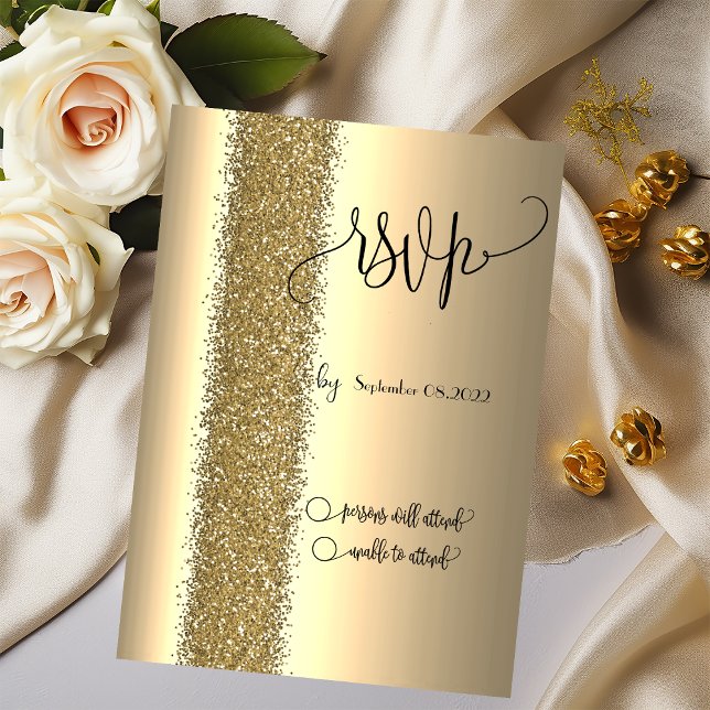 Convites RSVP de Script Glitter Dourado Elegante (Criador carregado)
