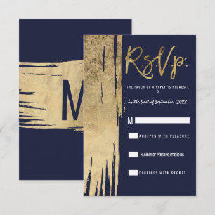 Convites RSVP de Traços Simples Dourados Azul do Marinho Mo