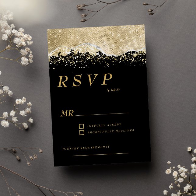 Convites RSVP do confete da luz dourada negra do luxo (Luxury black gold silver glitter confetti RSVP )