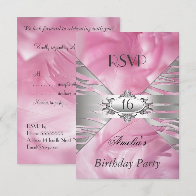 Convites RSVP Doce 16 Rosa (Frente/Verso)