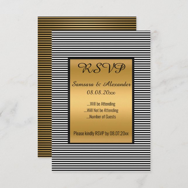Convites RSVP Dourado Branco preto (Frente/Verso)