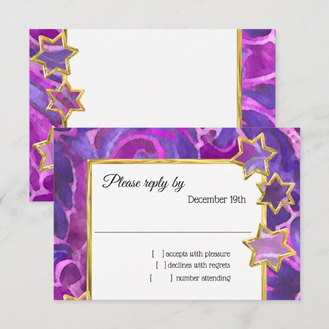 Convites RSVP Dourado Damasco Rosa Puro da Estrela (Frente/Verso)