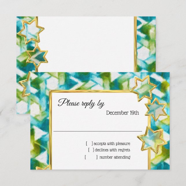 Convites RSVP Dourado Star Blue Damask (Frente/Verso)