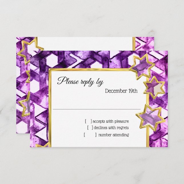 Convites RSVP Dourado Star Purple Damask (Frente/Verso)