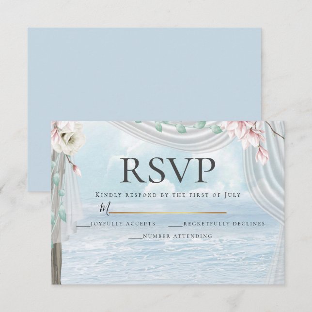 Convites RSVP | Elegant Beach Driftwood Floral Arbor (Frente/Verso)