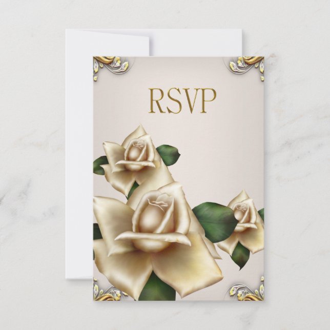 Convites RSVP Elegante Boda Rosas Douradas Creme Bege (Frente)