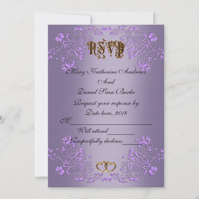 Convites RSVP elegante cetim violeta casamento (Frente)