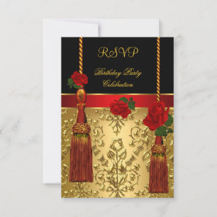 Convites RSVP Elegante Damask Preto Dourado Vermelho Festa 
