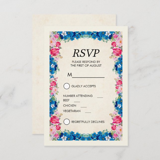 Convites RSVP Elegante de Rico de Flores Rosa e Azul (Frente/Verso)
