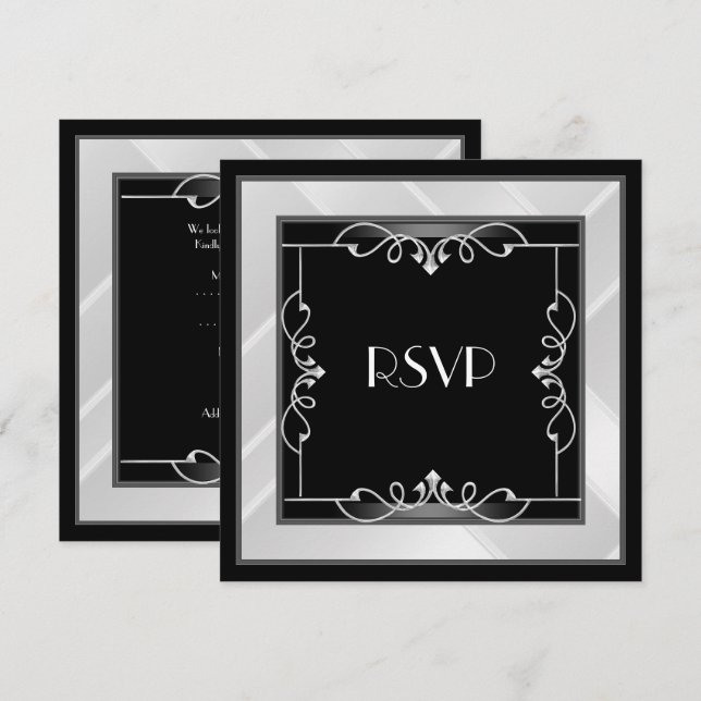 Convites RSVP Elegante Preto Prata Branco Art Déco (Frente/Verso)