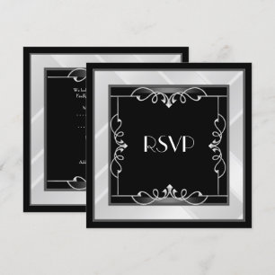 Convites RSVP Elegante Preto Prata Branco Art Déco