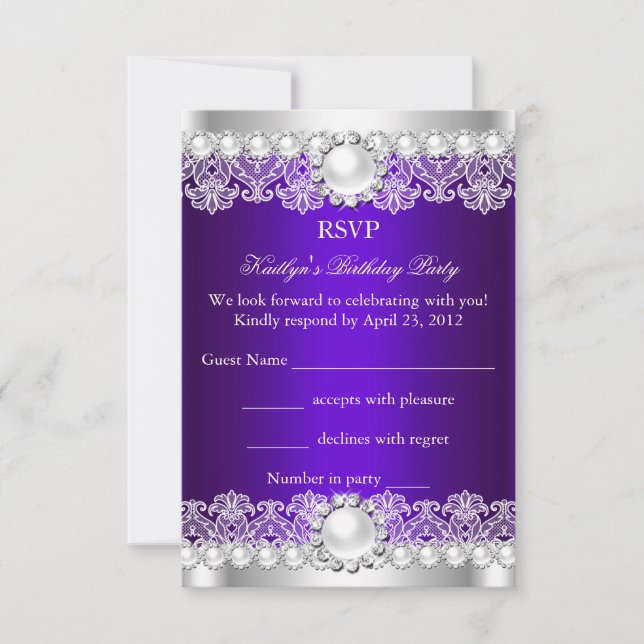 Convites RSVP Elegante Renda Roxa Real Pérola Aniversário (Frente)