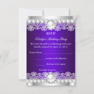 Convites RSVP Elegante Renda Roxa Real Pérola Aniversário