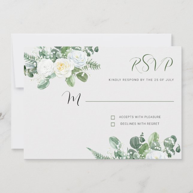 Convites RSVP Elegante White Roses & Greenery (Frente)