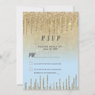 Convites RSVP em letra cursiva com brilho dourado e azul te