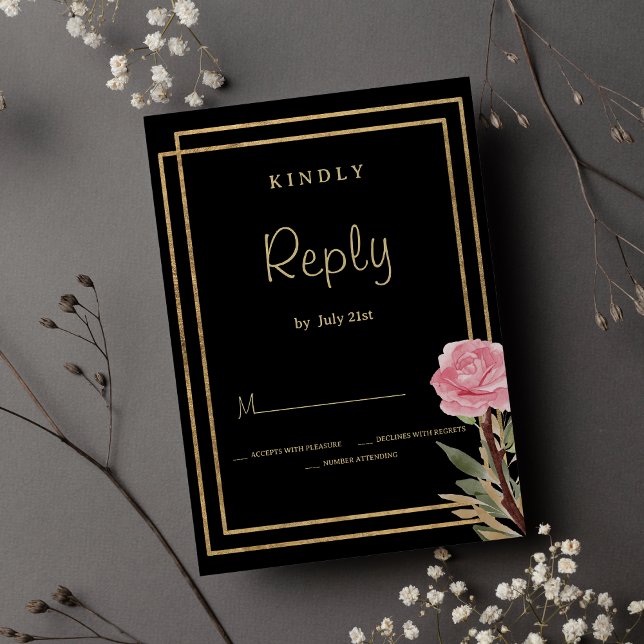 Convites RSVP — Flor de menta rosa dourada negra geométrica (Geometric black gold pink mint flower RSVP )